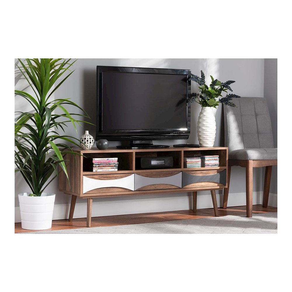 Natural Brown Finished and Multi-Colored Wood 3-Drawer TV Stand. Picture 8