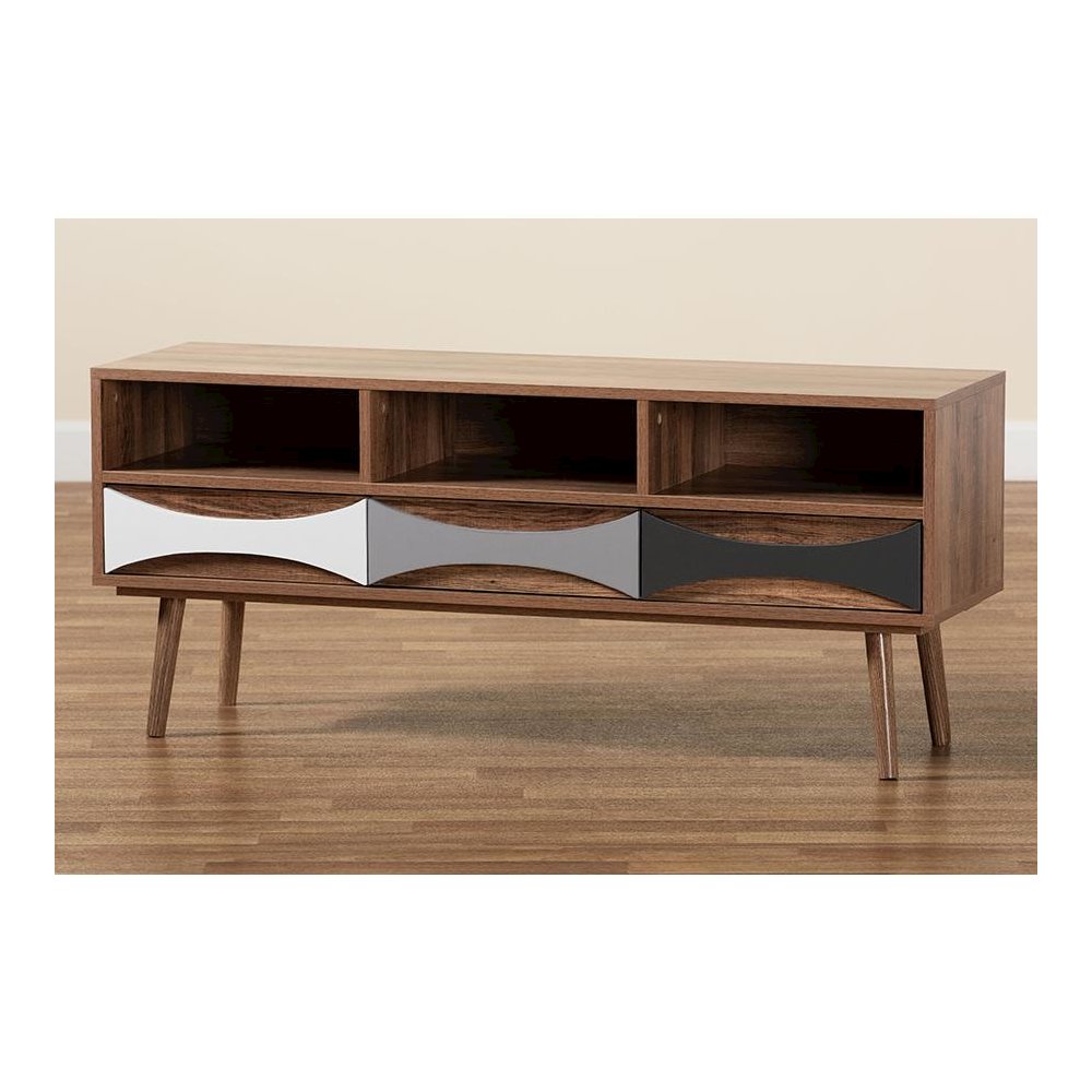 Natural Brown Finished and Multi-Colored Wood 3-Drawer TV Stand. Picture 9