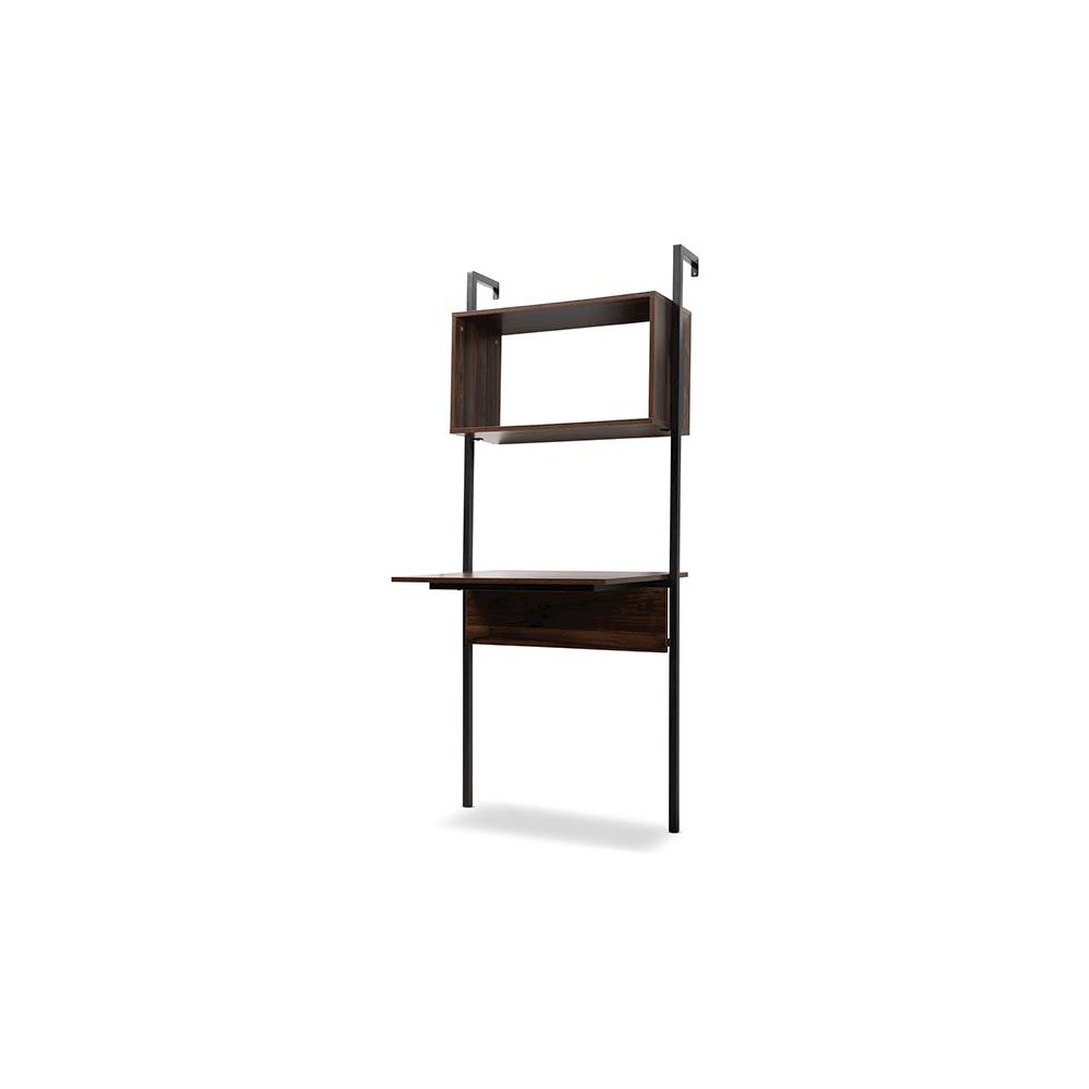 Industrial Walnut Brown Finished Wood and Black Metal Display Shelf with Desk. Picture 1