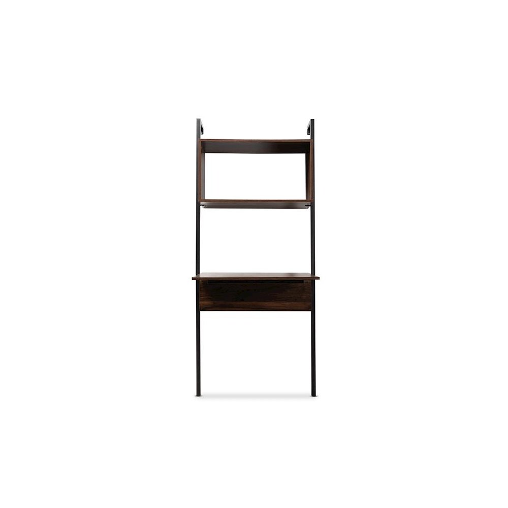 Industrial Walnut Brown Finished Wood and Black Metal Display Shelf with Desk. Picture 2
