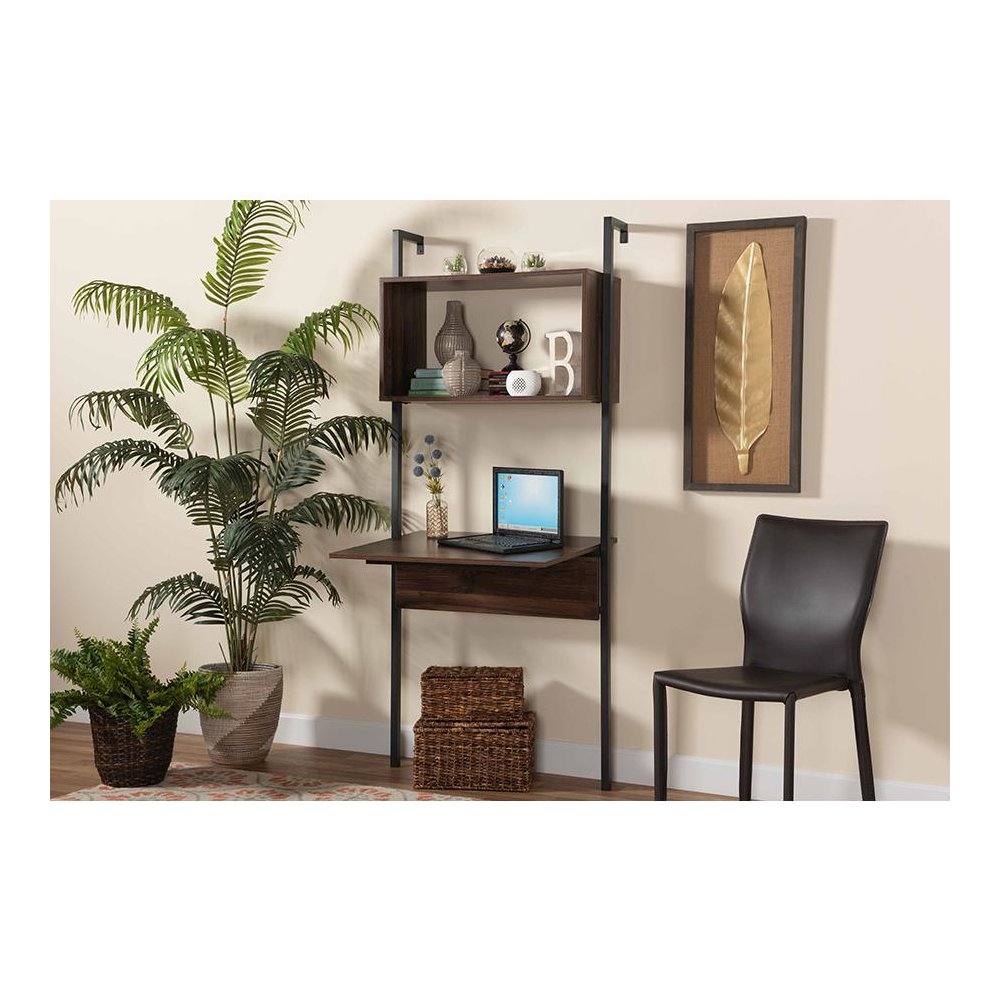 Industrial Walnut Brown Finished Wood and Black Metal Display Shelf with Desk. Picture 6