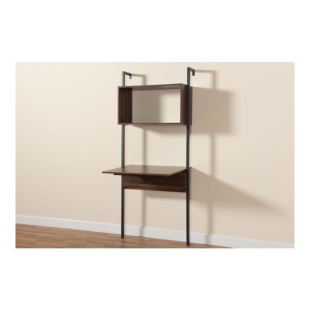 Industrial Walnut Brown Finished Wood and Black Metal Display Shelf with Desk. Picture 7