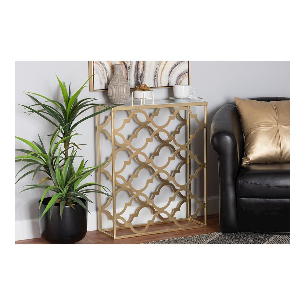 Gold Finished Metal Console Table with Marble Tabletop. Picture 6