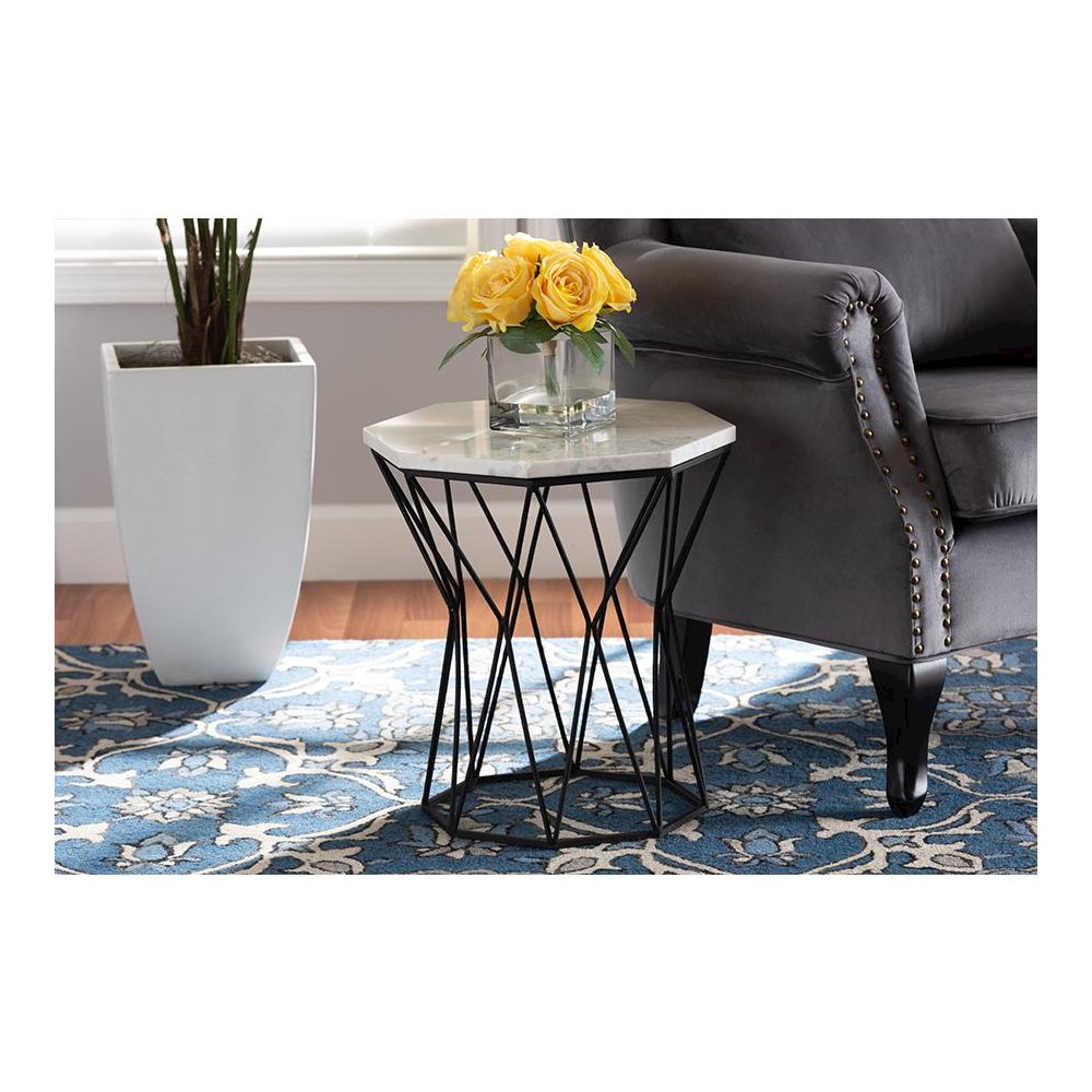 Venedict Modern and Contemporary Black Metal End Table with Marble Tabletop. Picture 6