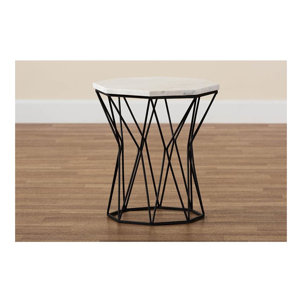 Venedict Modern and Contemporary Black Metal End Table with Marble Tabletop. Picture 7