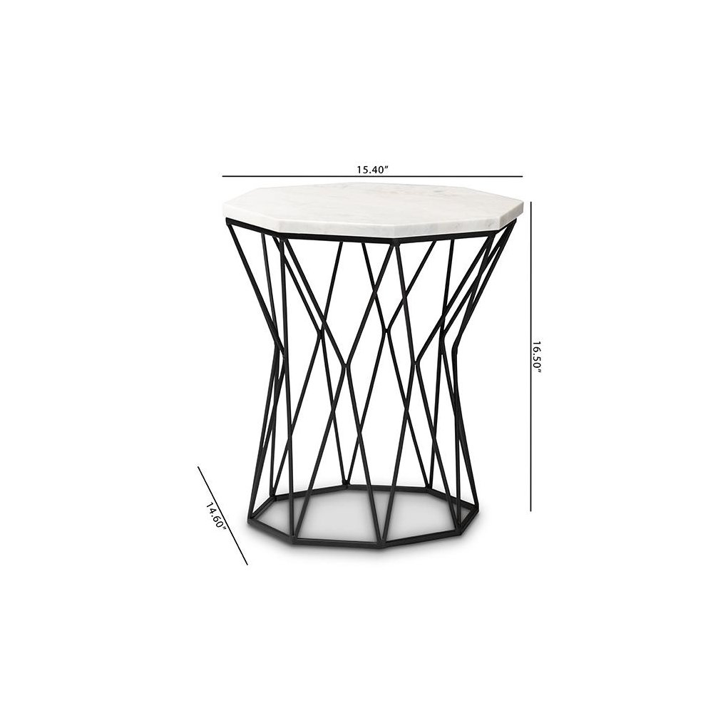 Venedict Modern and Contemporary Black Metal End Table with Marble Tabletop. Picture 8