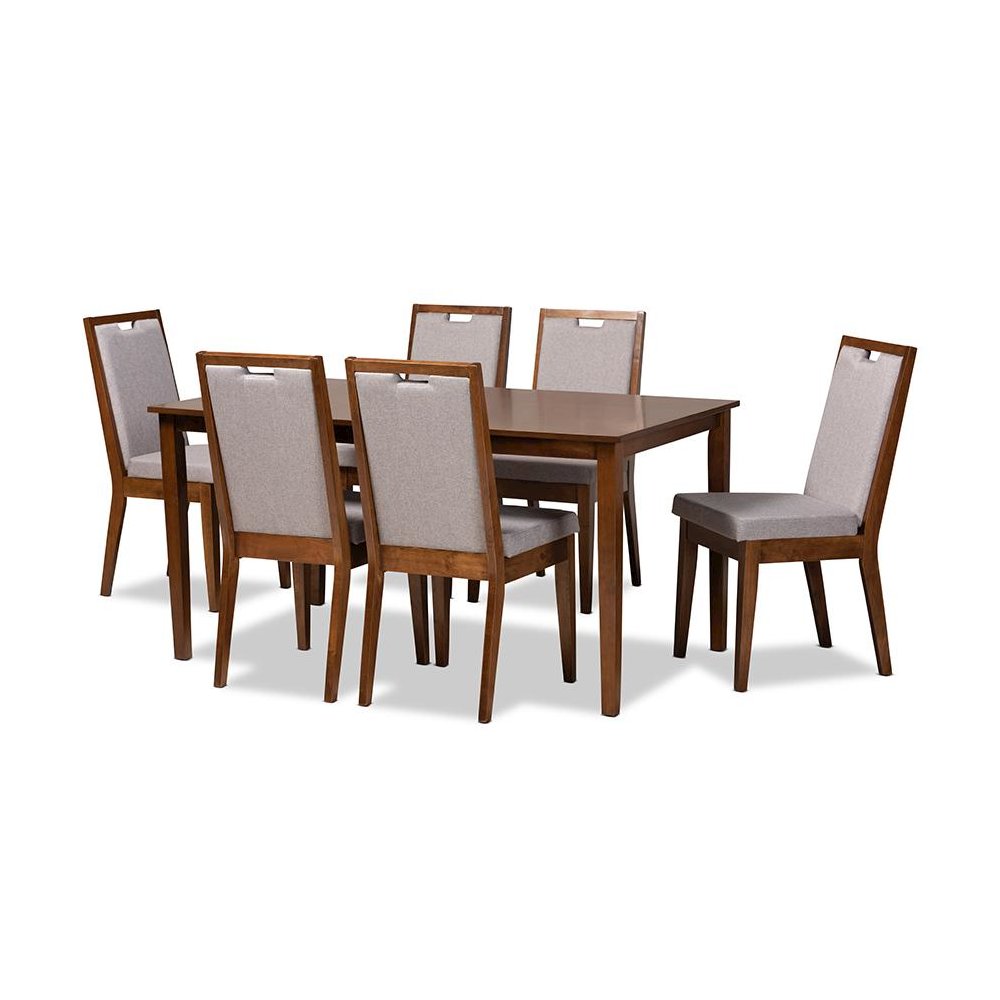 Grey Fabric Upholstered and Walnut Brown Finished Wood 7-Piece Dining Set. Picture 1
