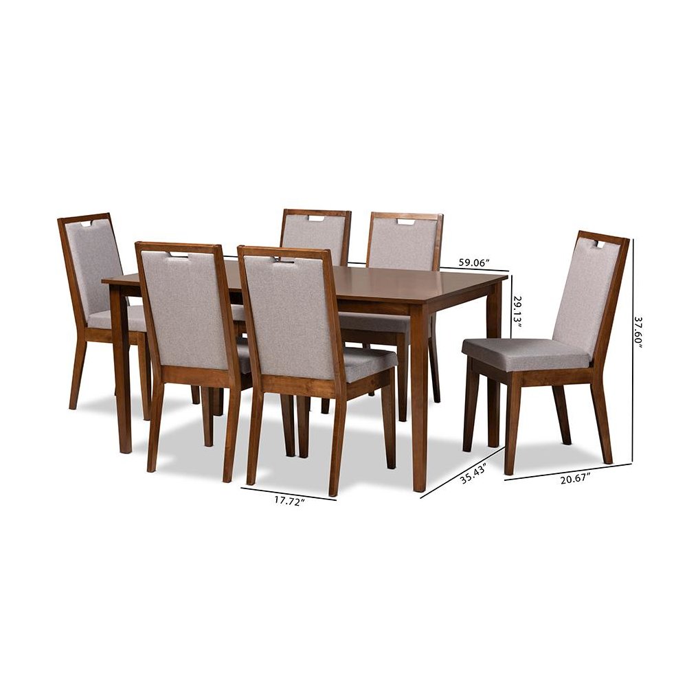 Grey Fabric Upholstered and Walnut Brown Finished Wood 7-Piece Dining Set. Picture 10