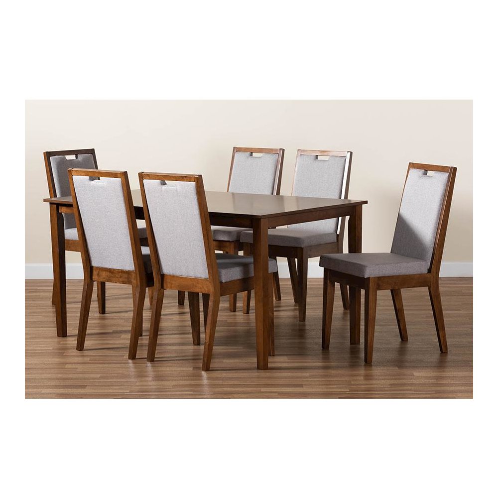 Grey Fabric Upholstered and Walnut Brown Finished Wood 7-Piece Dining Set. Picture 9