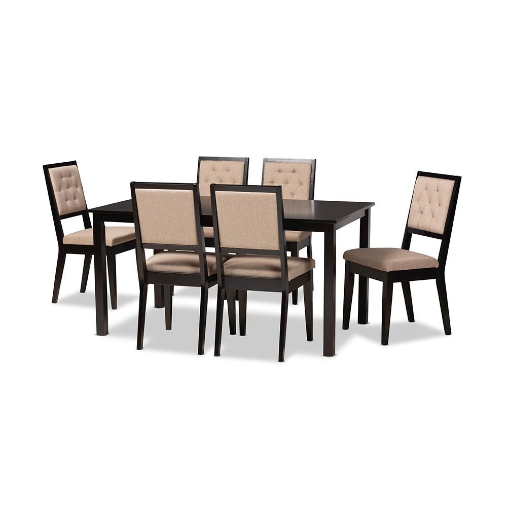 Sand Fabric Upholstered and Dark Brown Finished Wood 7-Piece Dining Set. Picture 1