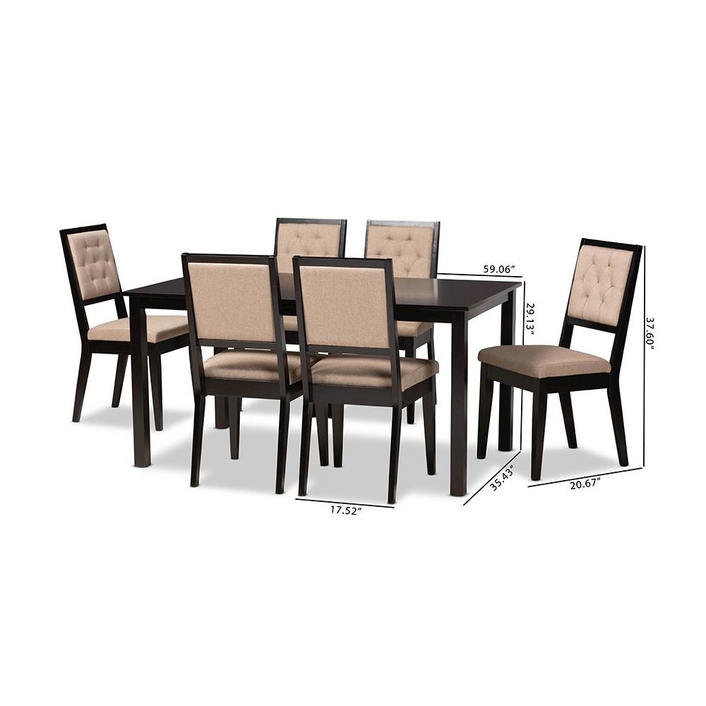 Sand Fabric Upholstered and Dark Brown Finished Wood 7-Piece Dining Set. Picture 10
