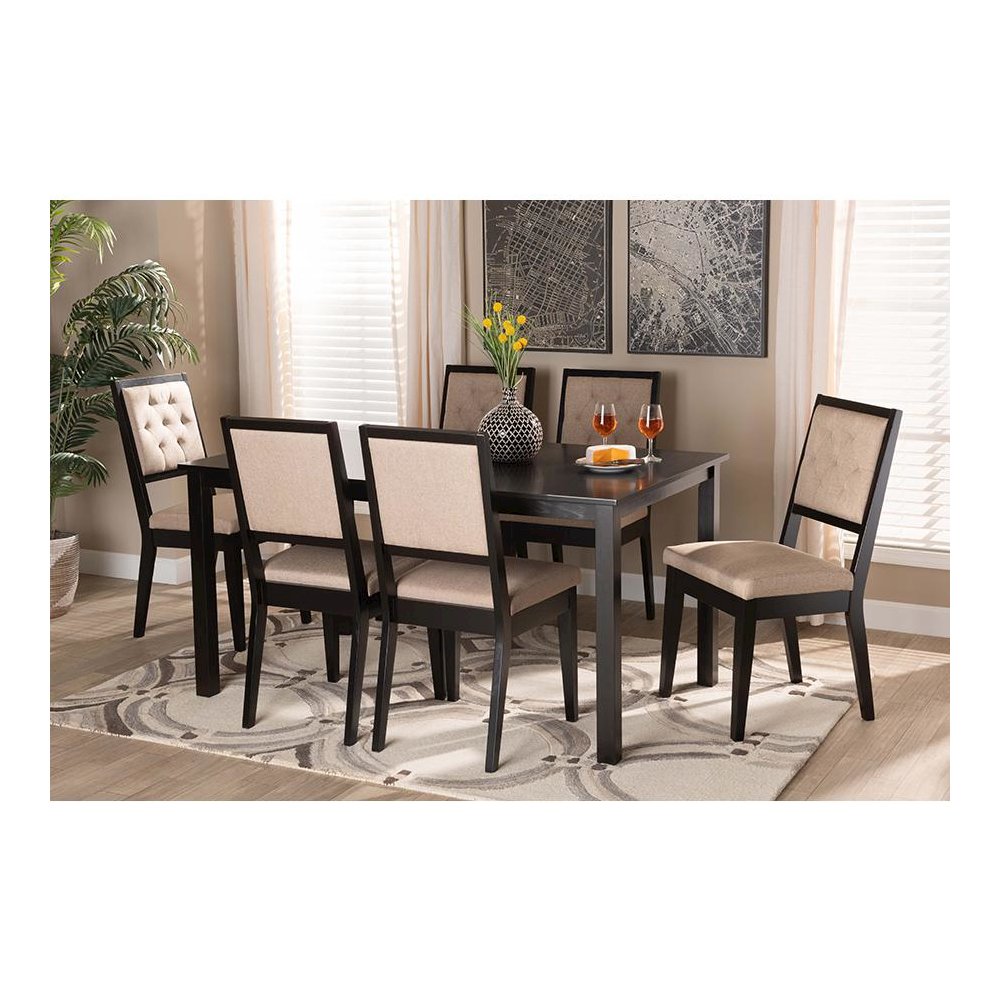 Sand Fabric Upholstered and Dark Brown Finished Wood 7-Piece Dining Set. Picture 8