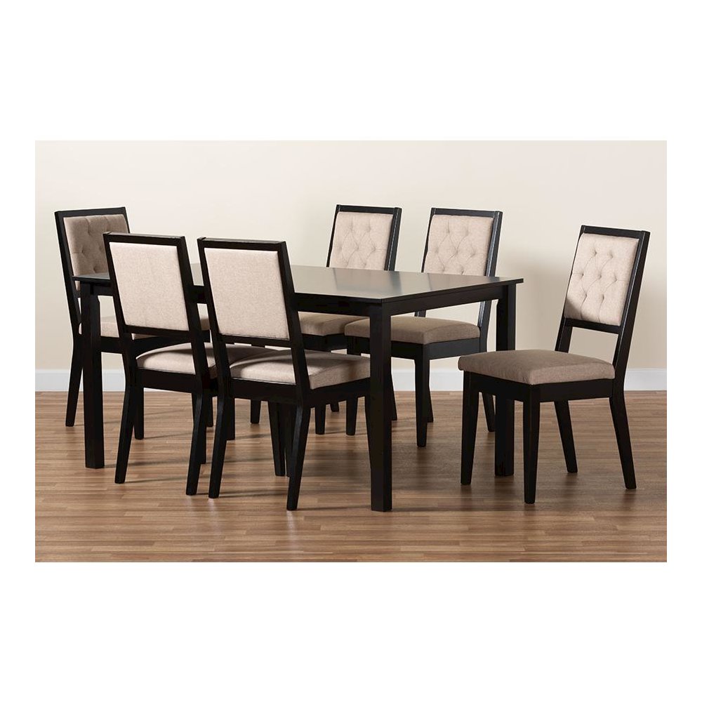 Sand Fabric Upholstered and Dark Brown Finished Wood 7-Piece Dining Set. Picture 9