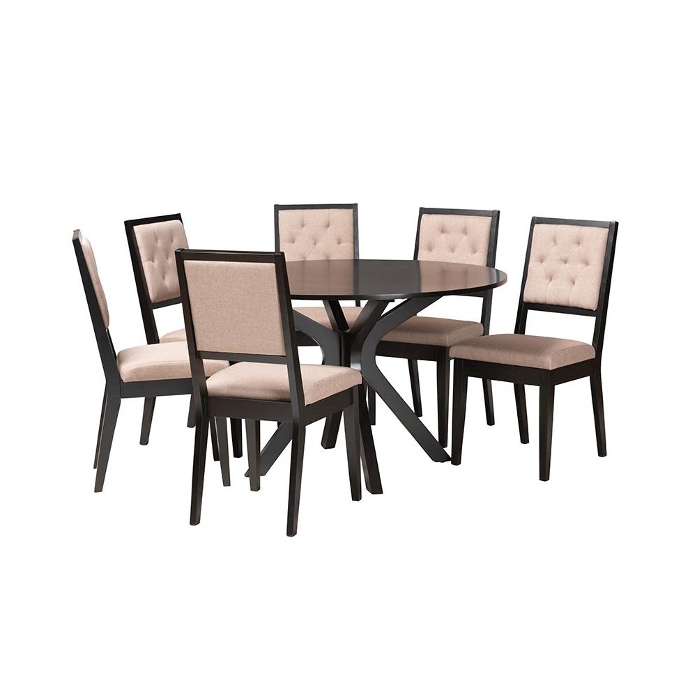 Mana Modern Sand Fabric and Dark Brown Finished Wood 7-Piece Dining Set. Picture 1