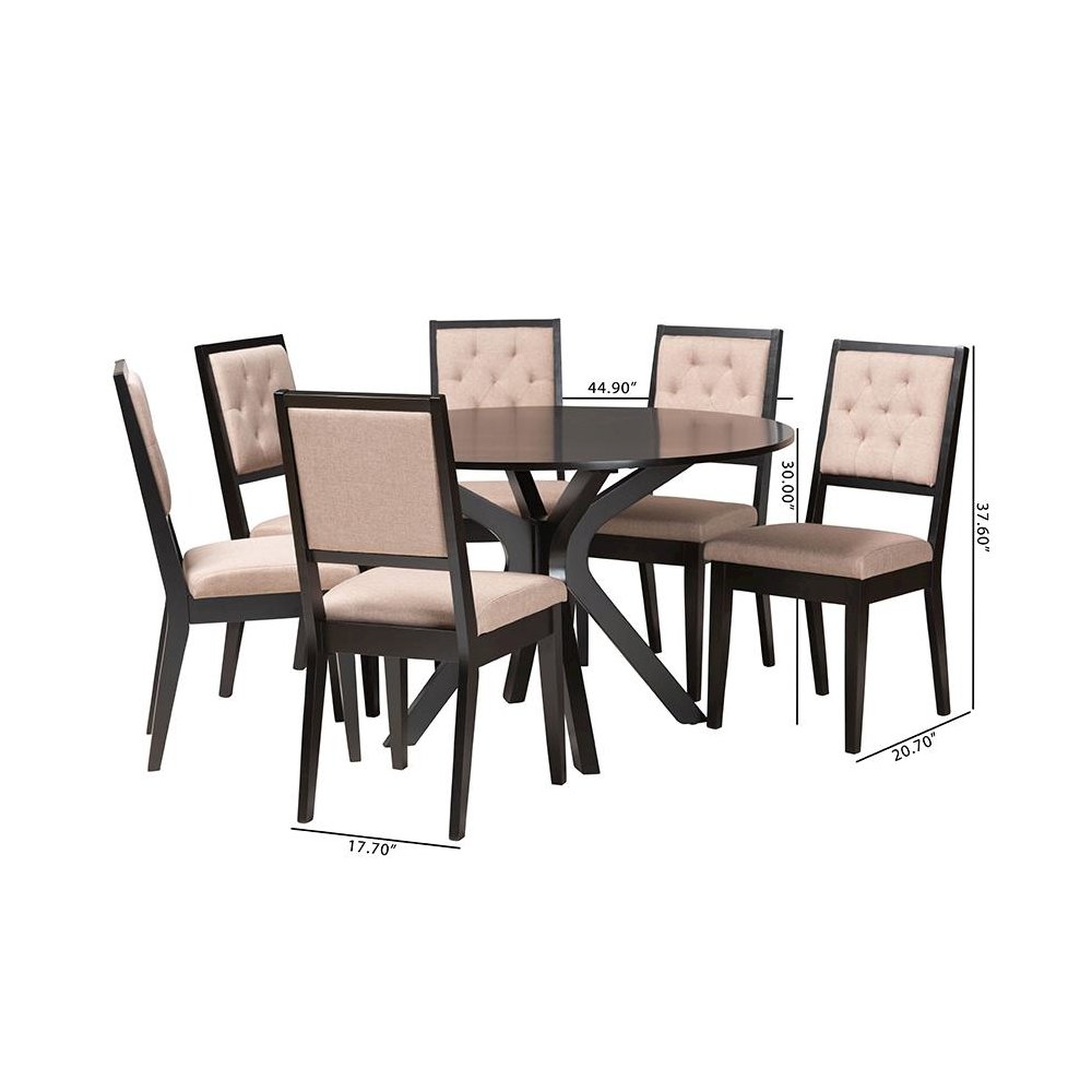 Mana Modern Sand Fabric and Dark Brown Finished Wood 7-Piece Dining Set. Picture 10