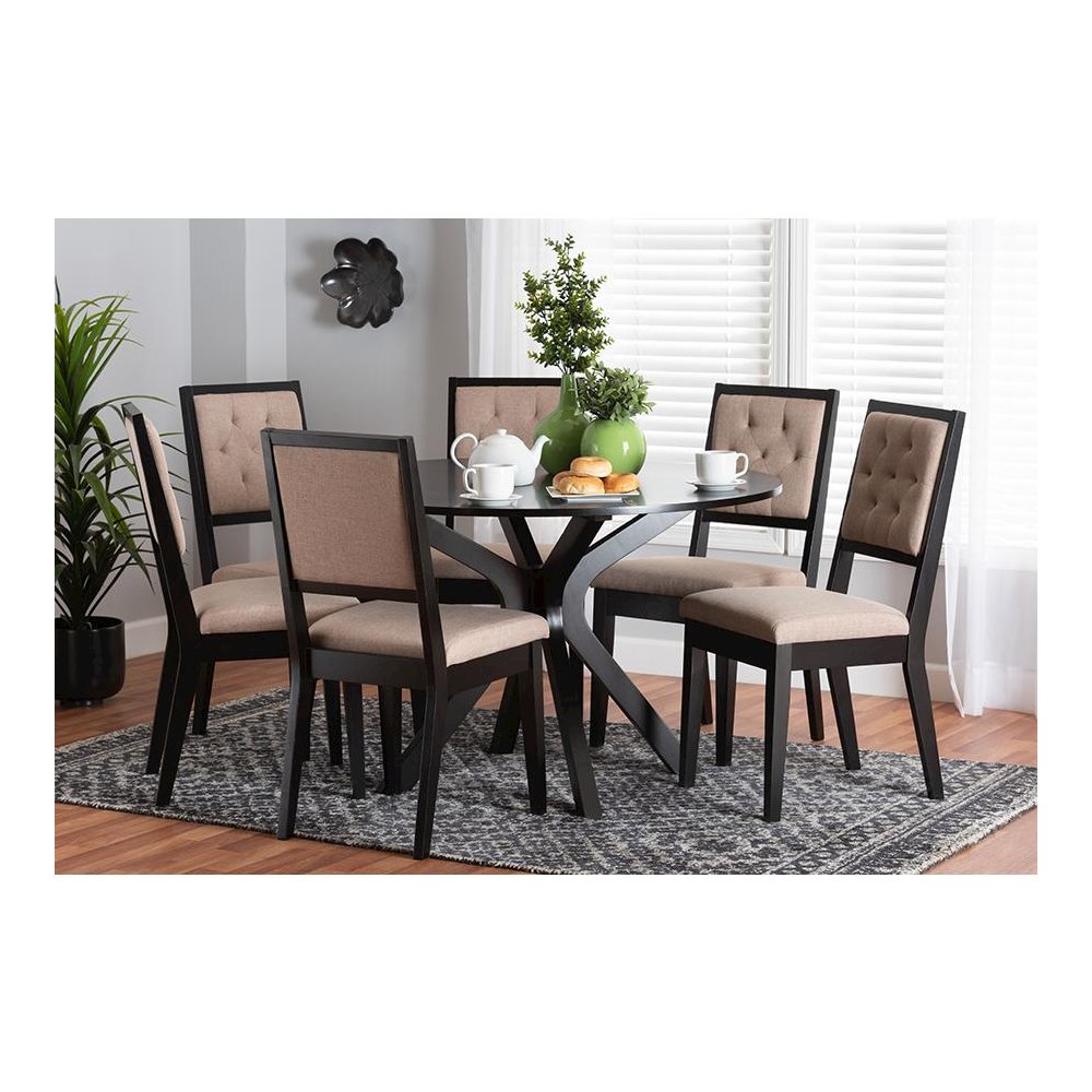 Mana Modern Sand Fabric and Dark Brown Finished Wood 7-Piece Dining Set. Picture 8