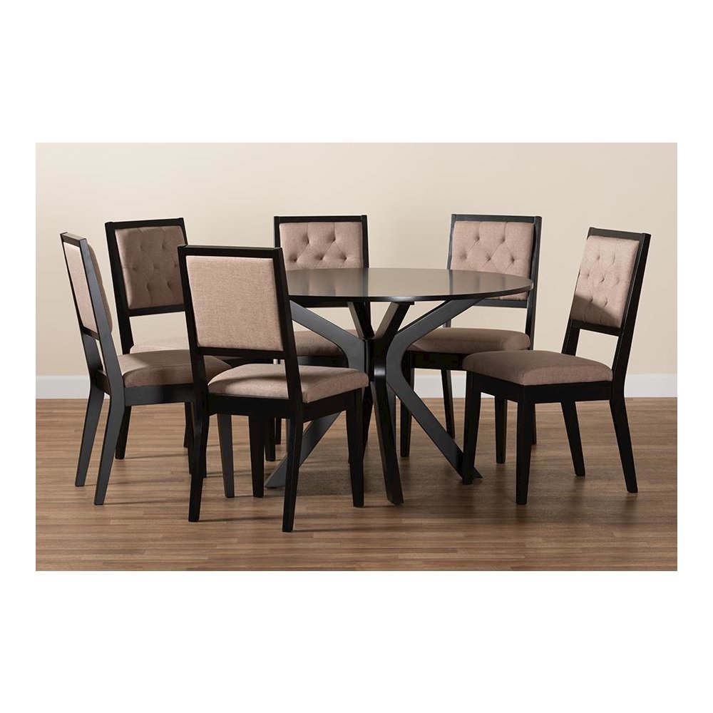 Mana Modern Sand Fabric and Dark Brown Finished Wood 7-Piece Dining Set. Picture 9