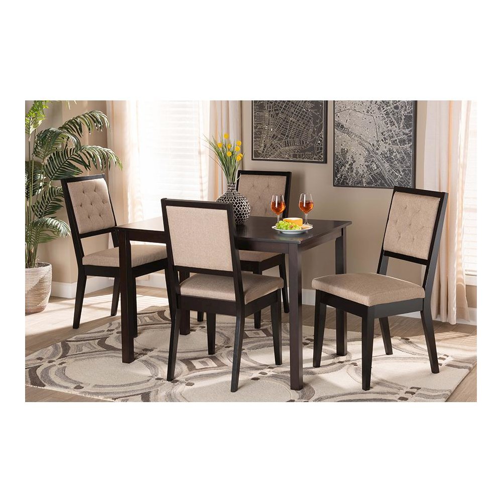 Sand Fabric Upholstered and Dark Brown Finished Wood 5-Piece Dining Set. Picture 8