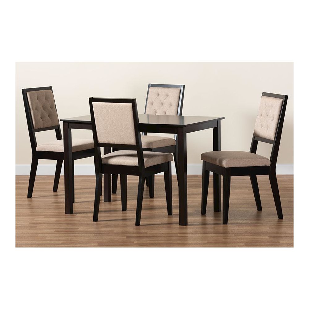 Sand Fabric Upholstered and Dark Brown Finished Wood 5-Piece Dining Set. Picture 9
