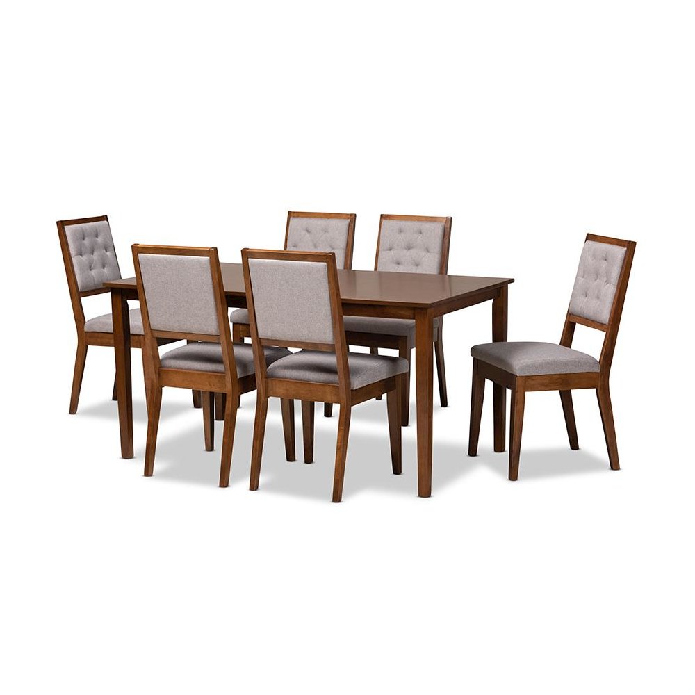 Grey Fabric Upholstered and Walnut Brown Finished Wood 7-Piece Dining Set. Picture 1