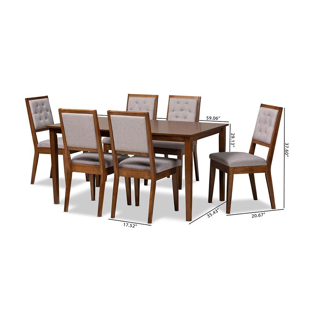 Grey Fabric Upholstered and Walnut Brown Finished Wood 7-Piece Dining Set. Picture 10