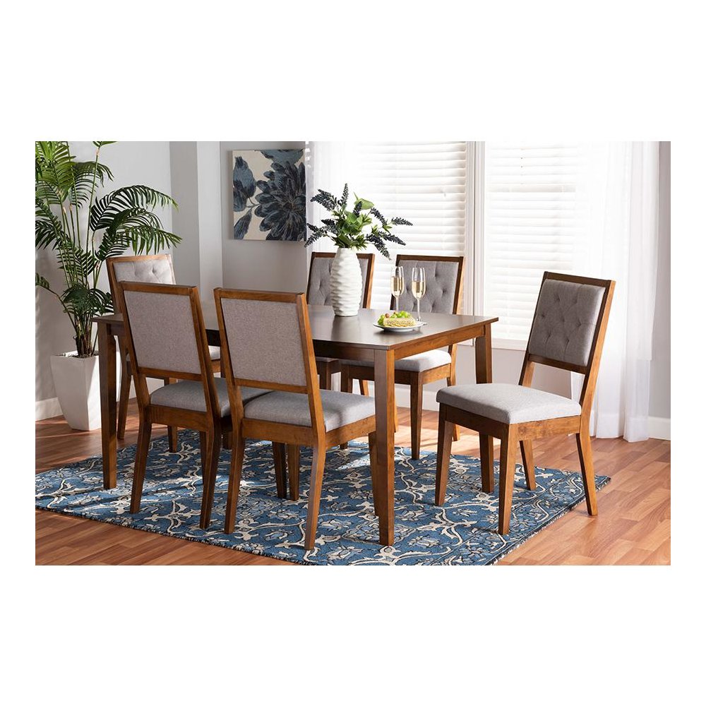 Grey Fabric Upholstered and Walnut Brown Finished Wood 7-Piece Dining Set. Picture 8