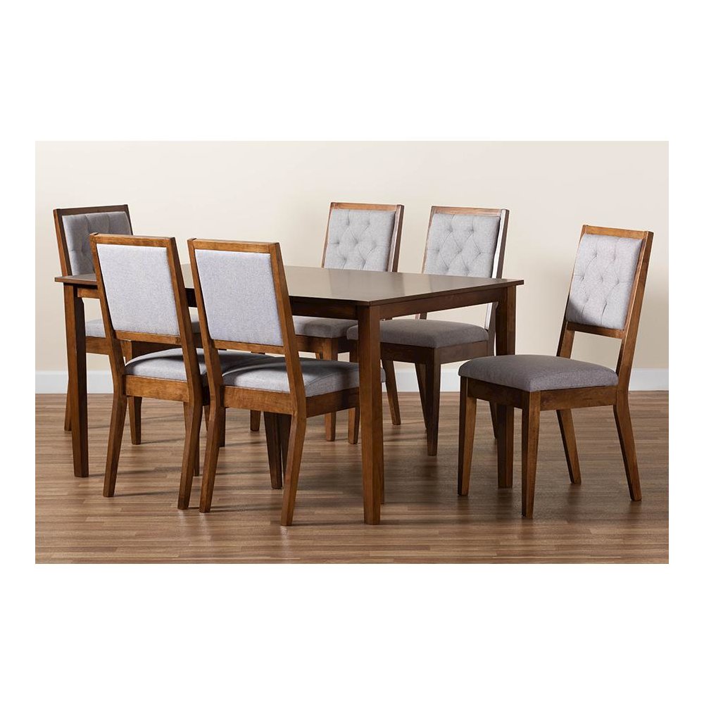 Grey Fabric Upholstered and Walnut Brown Finished Wood 7-Piece Dining Set. Picture 9