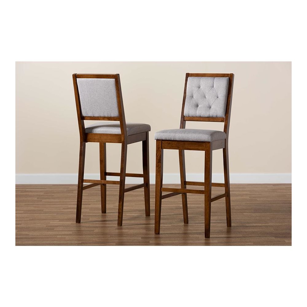 Grey Fabric Upholstered and Walnut Brown Finished Wood 2-Piece Bar Stool Set. Picture 8