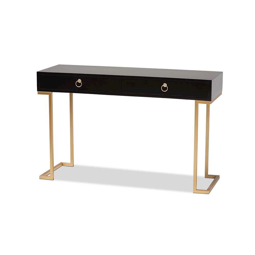 Black Finished Wood and Gold Metal 2-Drawer Console Table. Picture 1