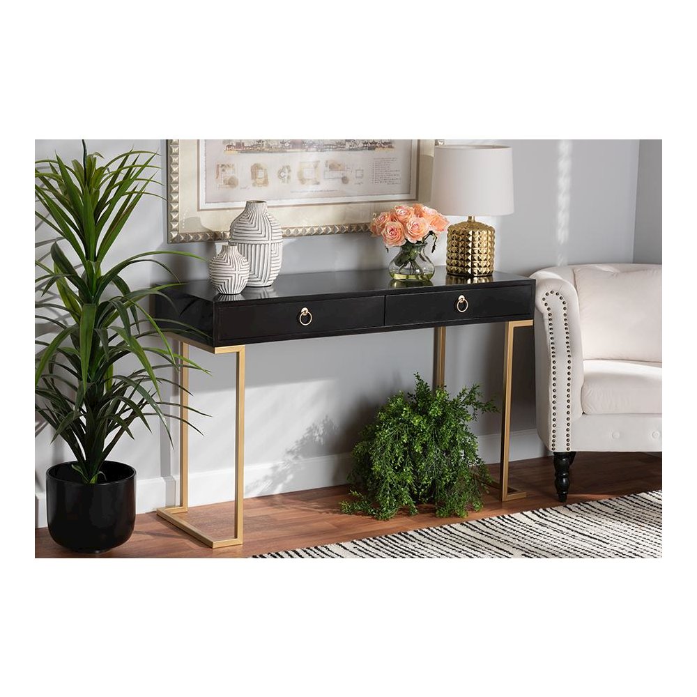 Black Finished Wood and Gold Metal 2-Drawer Console Table. Picture 8