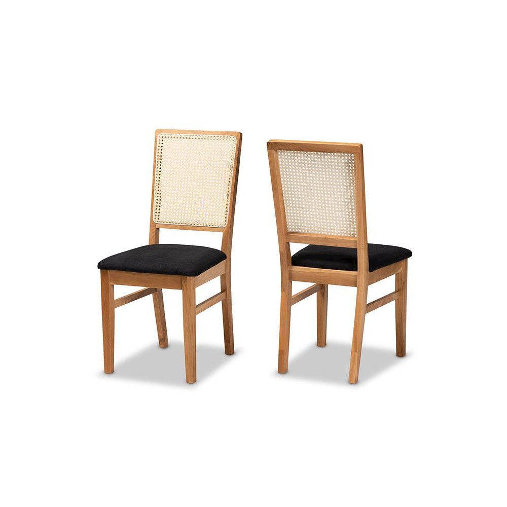 Black Fabric Upholstered and Oak brown Finished 2-Piece Rattan Dining Chair Set. Picture 1