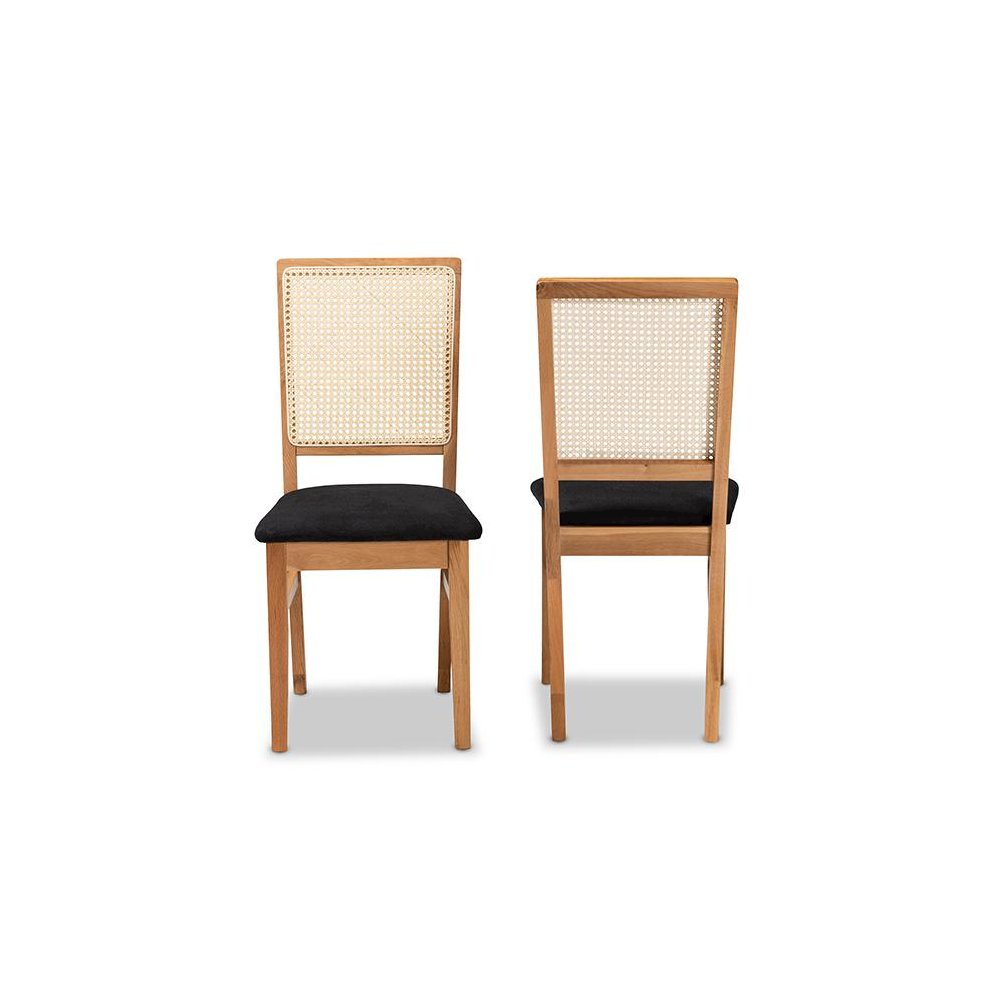 Black Fabric Upholstered and Oak brown Finished 2-Piece Rattan Dining Chair Set. Picture 2