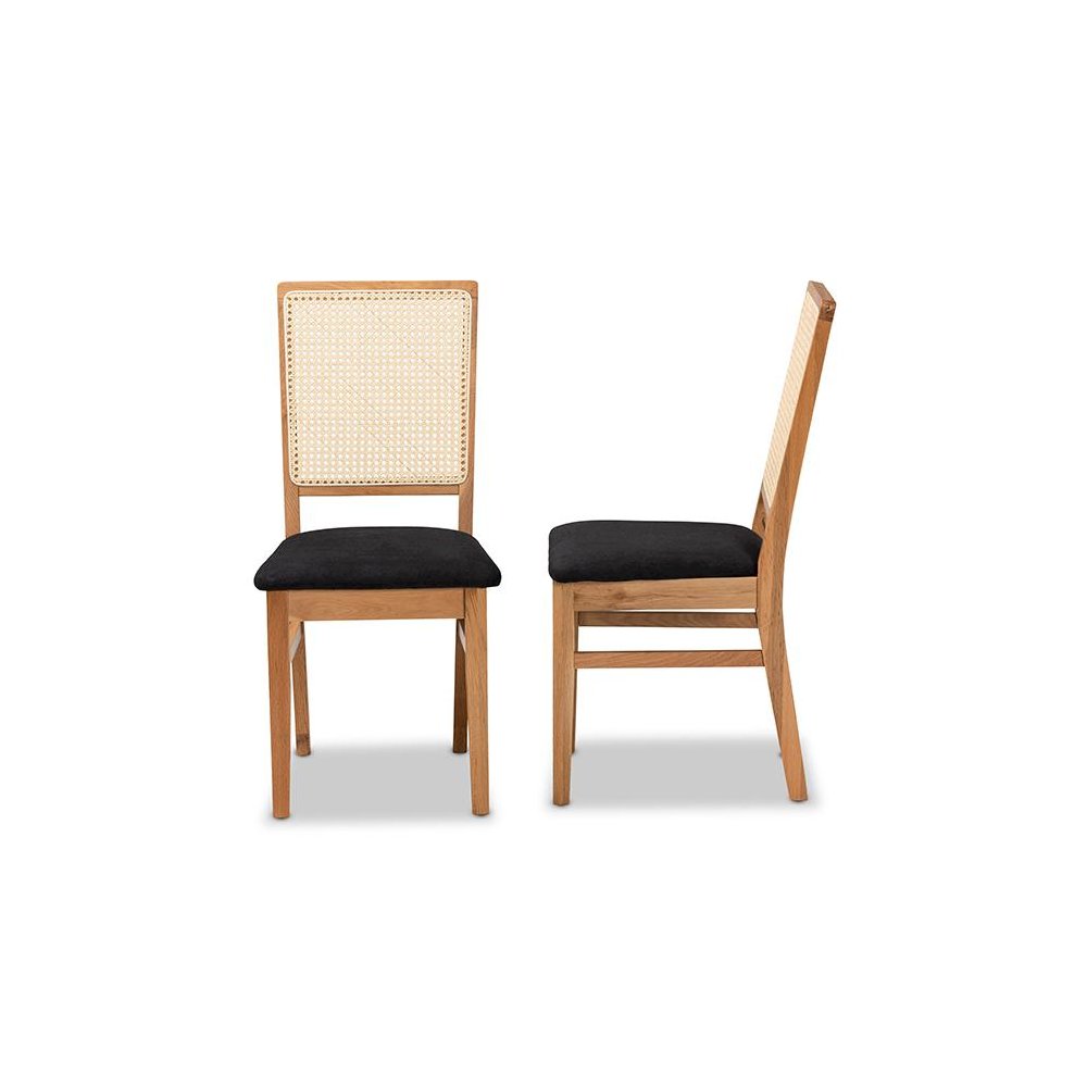 Black Fabric Upholstered and Oak brown Finished 2-Piece Rattan Dining Chair Set. Picture 3