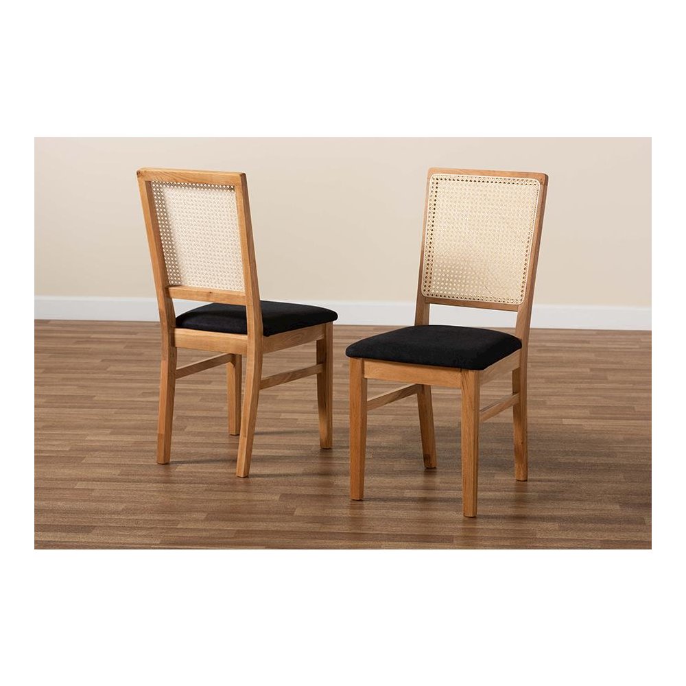 Black Fabric Upholstered and Oak brown Finished 2-Piece Rattan Dining Chair Set. Picture 8