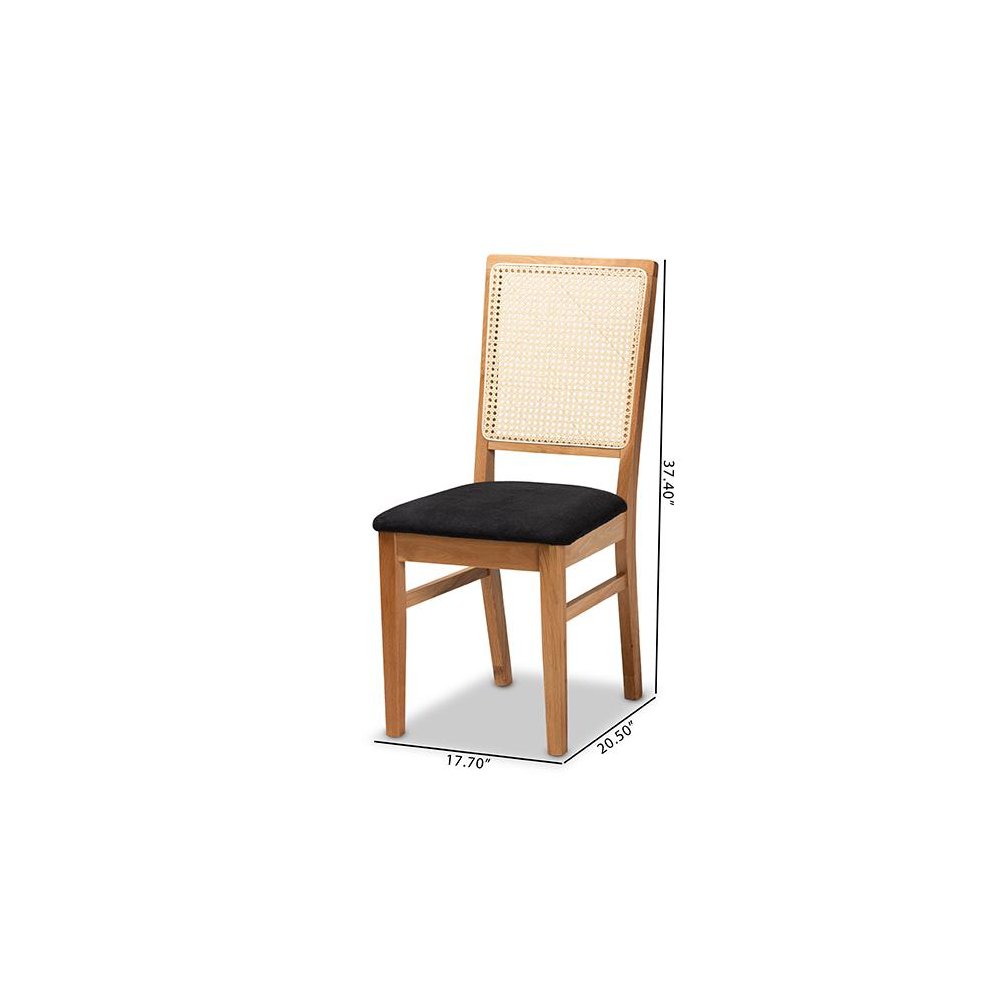 Black Fabric Upholstered and Oak brown Finished 2-Piece Rattan Dining Chair Set. Picture 9