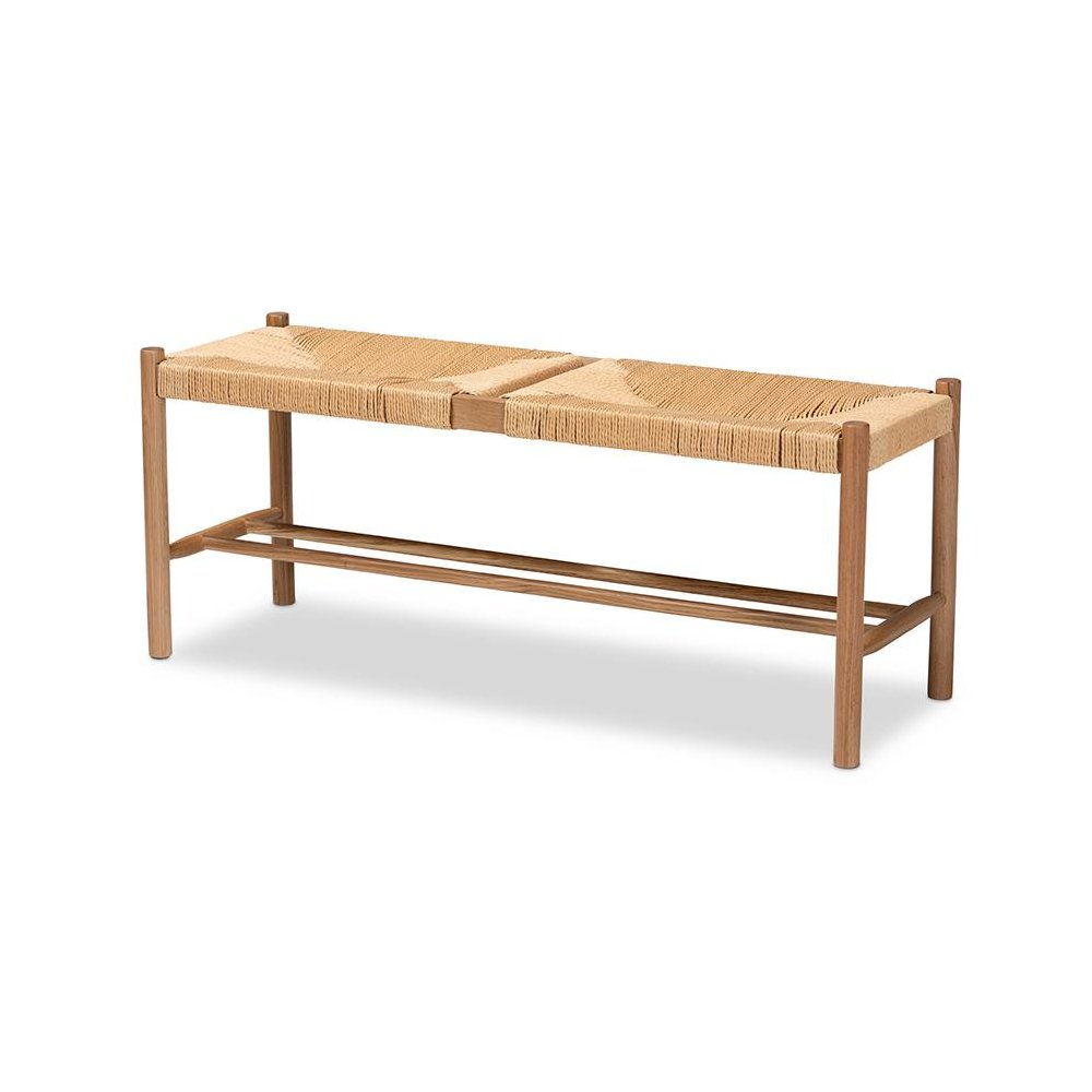 Saura Mid-Century Modern Oak Brown Finished Wood and Hemp Dining Bench. Picture 1