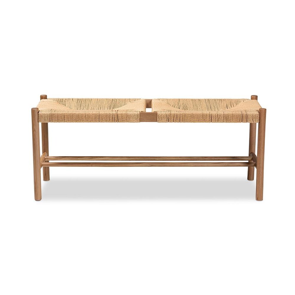 Saura Mid-Century Modern Oak Brown Finished Wood and Hemp Dining Bench. Picture 2