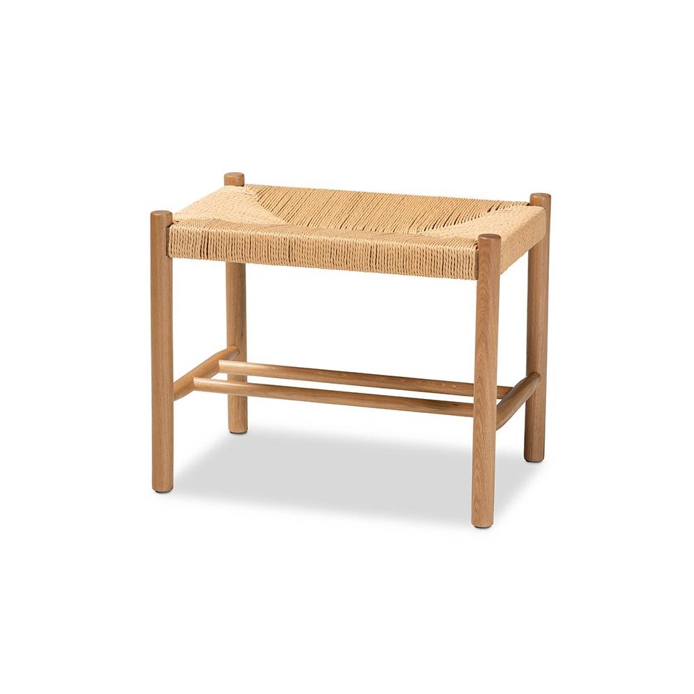 Saura Mid-Century Modern Oak Brown Finished Wood and Hemp Accent Bench. Picture 1
