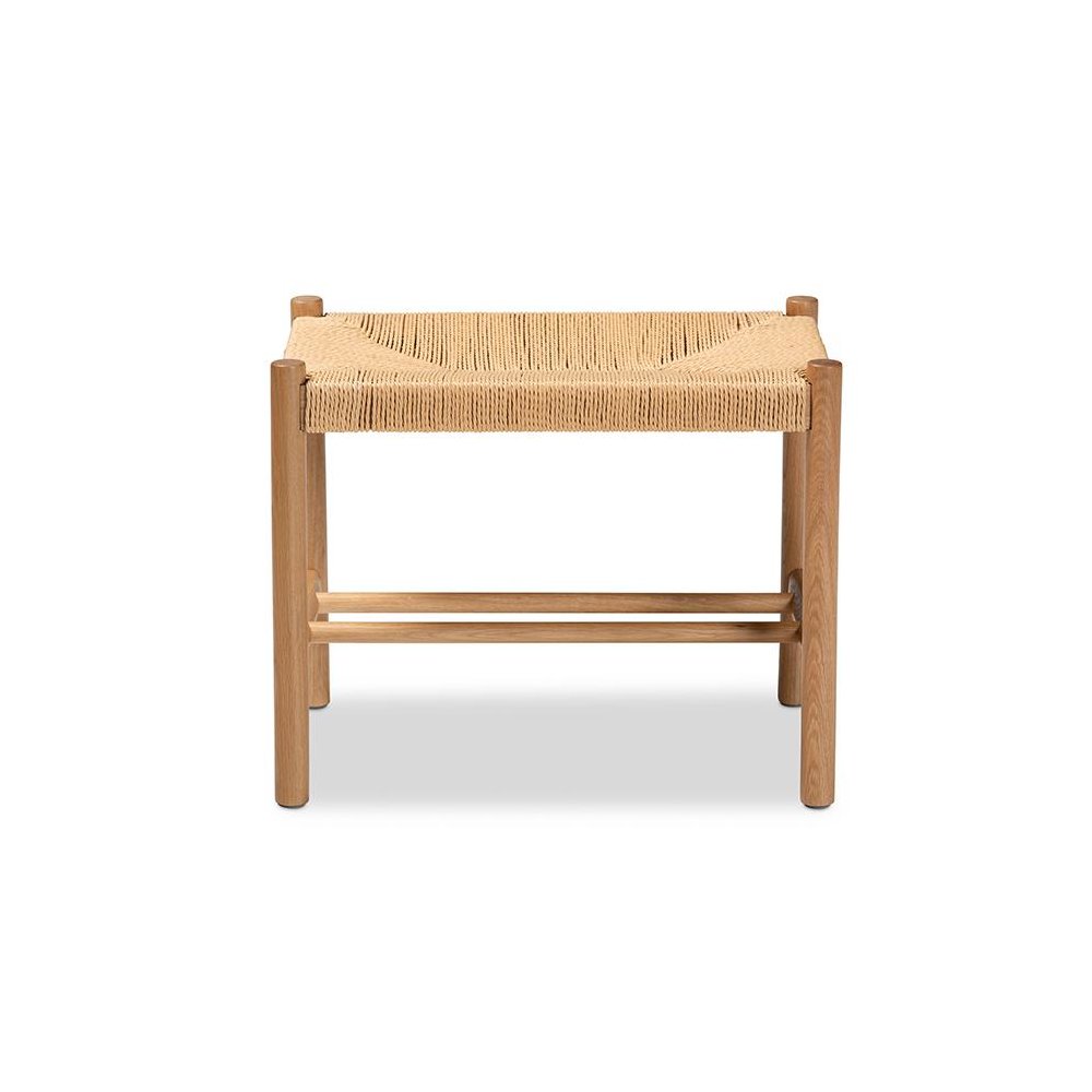 Saura Mid-Century Modern Oak Brown Finished Wood and Hemp Accent Bench. Picture 2