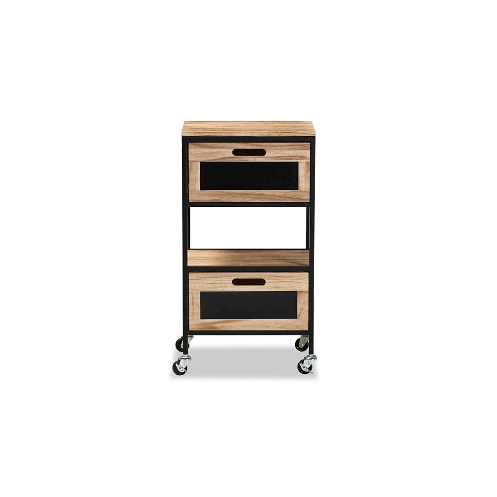 Industrial Oak Brown Finished Wood and Black Metal 2-Drawer End Table. Picture 3