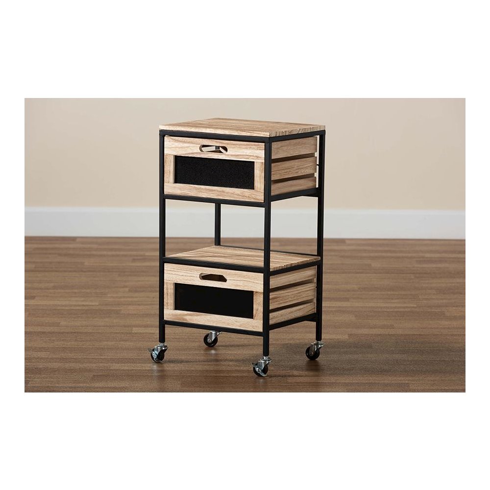 Industrial Oak Brown Finished Wood and Black Metal 2-Drawer End Table. Picture 8