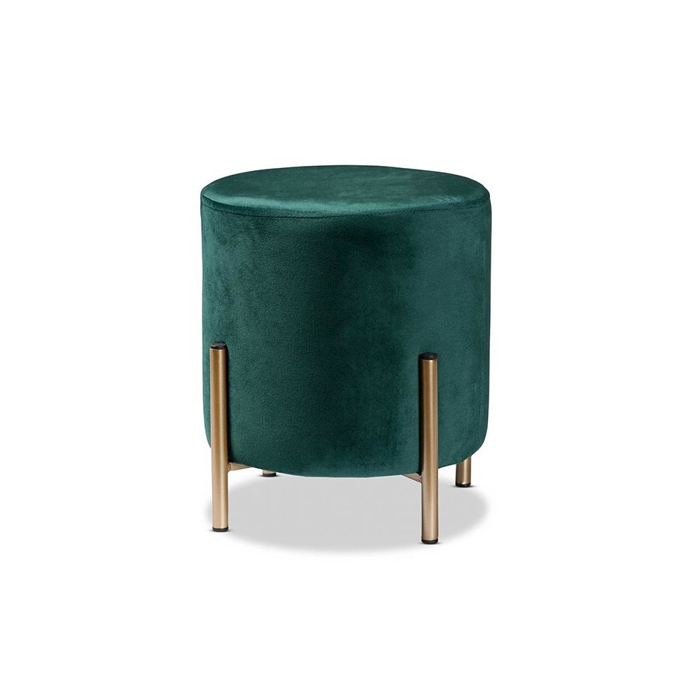 Glam and Luxe Green Velvet Fabric Upholstered and Gold Finished Metal Ottoman. Picture 1