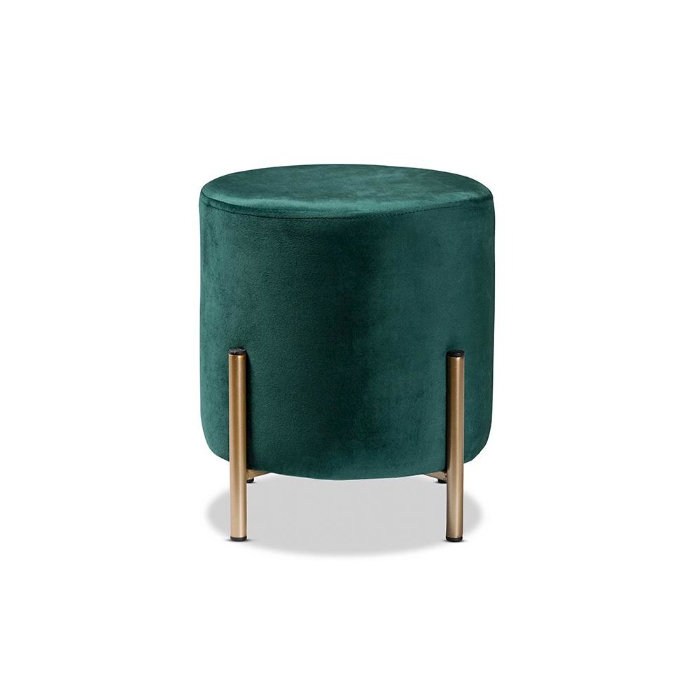 Glam and Luxe Green Velvet Fabric Upholstered and Gold Finished Metal Ottoman. Picture 2