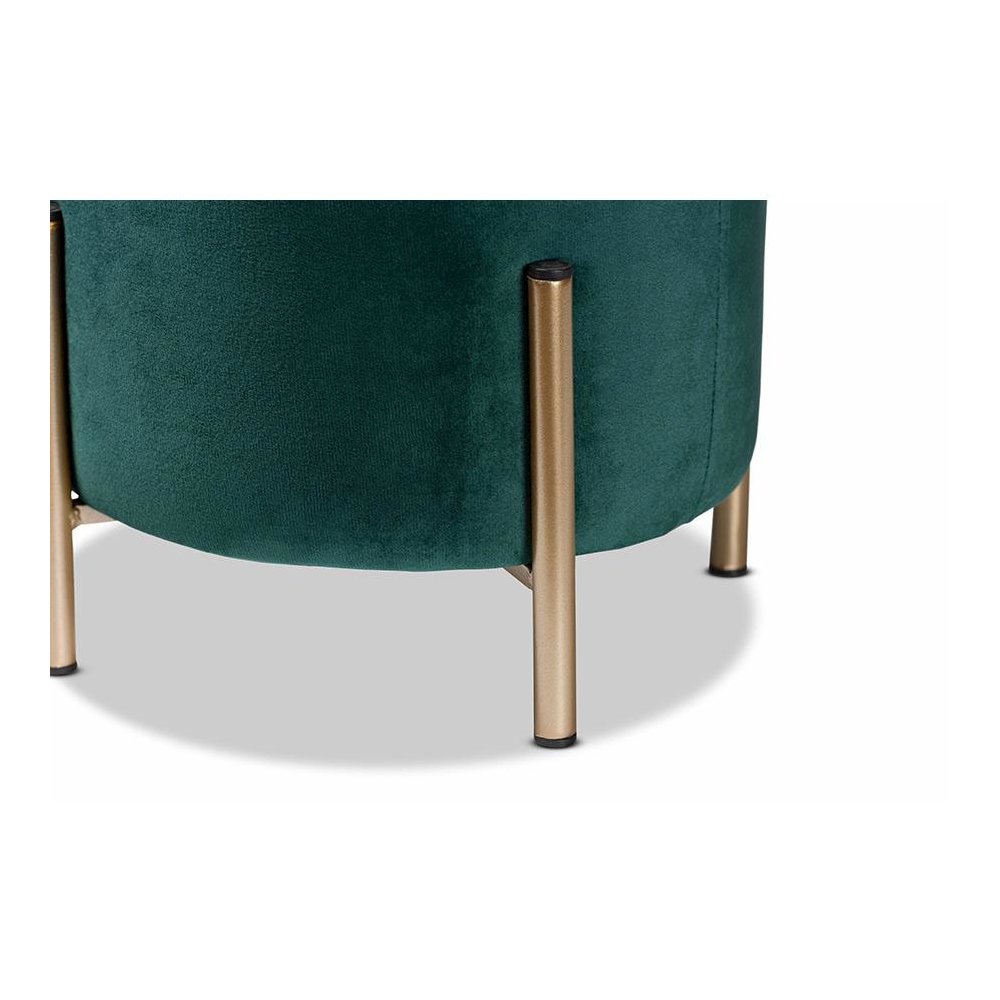 Glam and Luxe Green Velvet Fabric Upholstered and Gold Finished Metal Ottoman. Picture 3