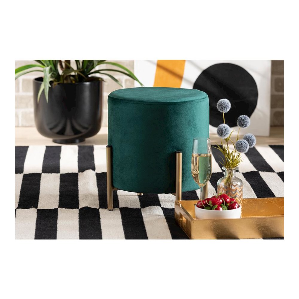 Glam and Luxe Green Velvet Fabric Upholstered and Gold Finished Metal Ottoman. Picture 6