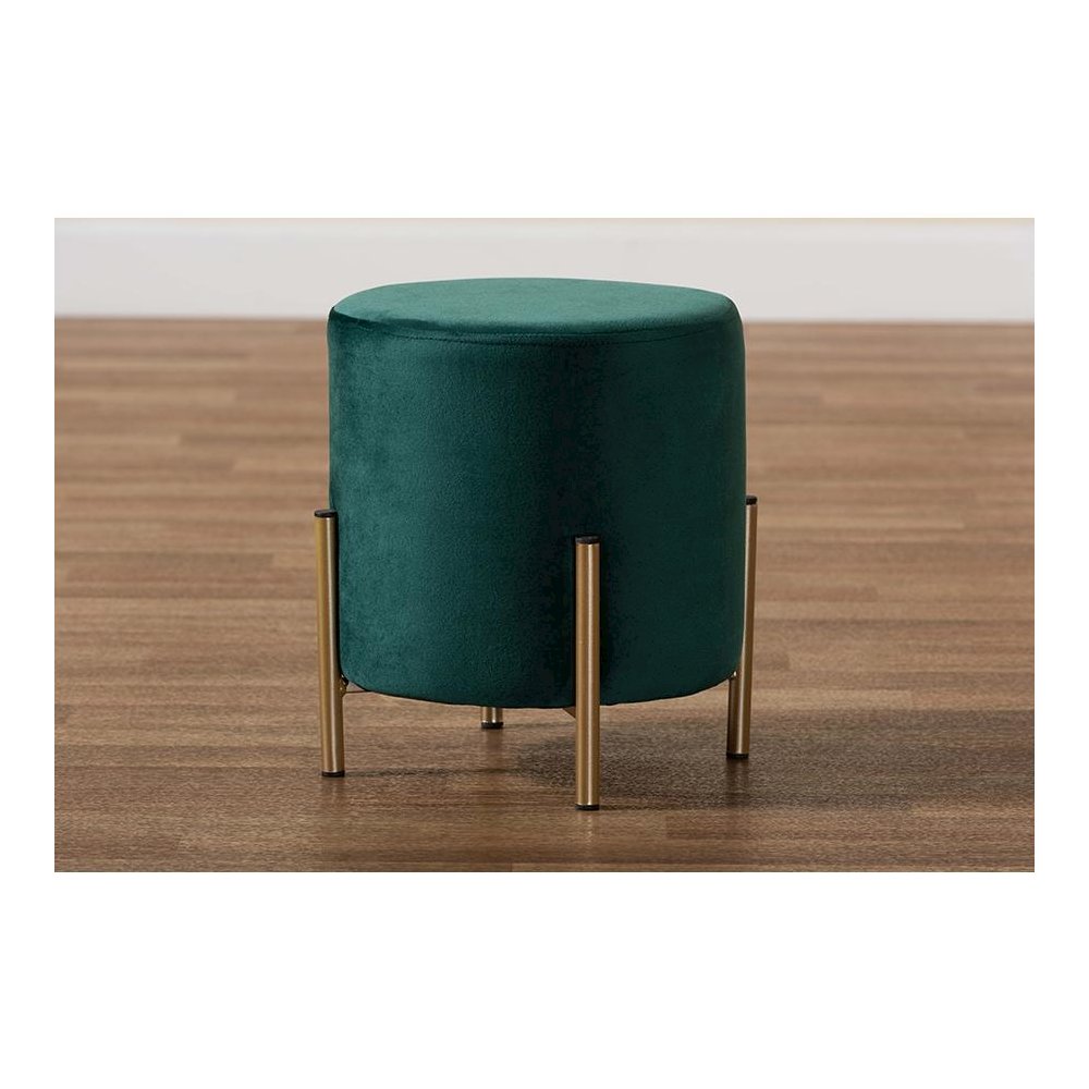 Glam and Luxe Green Velvet Fabric Upholstered and Gold Finished Metal Ottoman. Picture 7