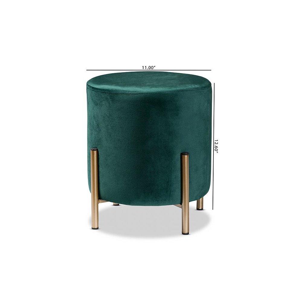 Glam and Luxe Green Velvet Fabric Upholstered and Gold Finished Metal Ottoman. Picture 8