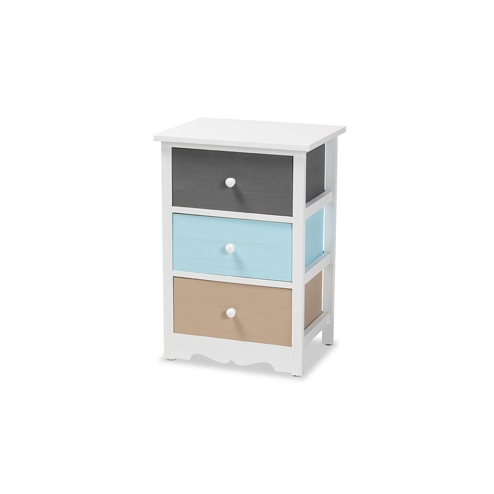 Baxton Studio Kalila Modern and Contemporary White and Multi-Colored Finished Wood 3-Drawer Nightstand. Picture 1