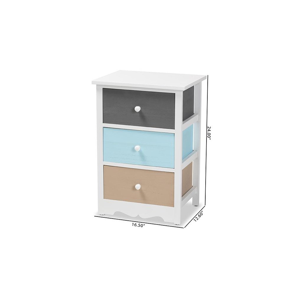 Baxton Studio Kalila Modern and Contemporary White and Multi-Colored Finished Wood 3-Drawer Nightstand. Picture 10