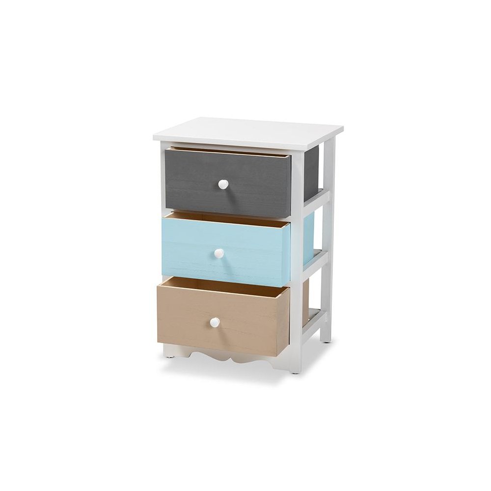 Baxton Studio Kalila Modern and Contemporary White and Multi-Colored Finished Wood 3-Drawer Nightstand. Picture 2